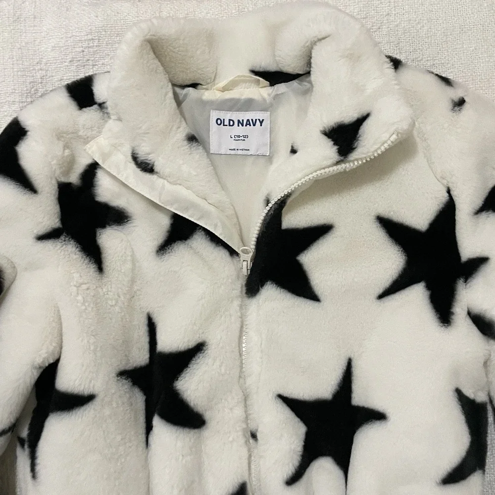 Old Navy Faux Fur White Star Zip-up Hooded‎ Lined Jacket Girls 10/12 Large EUC